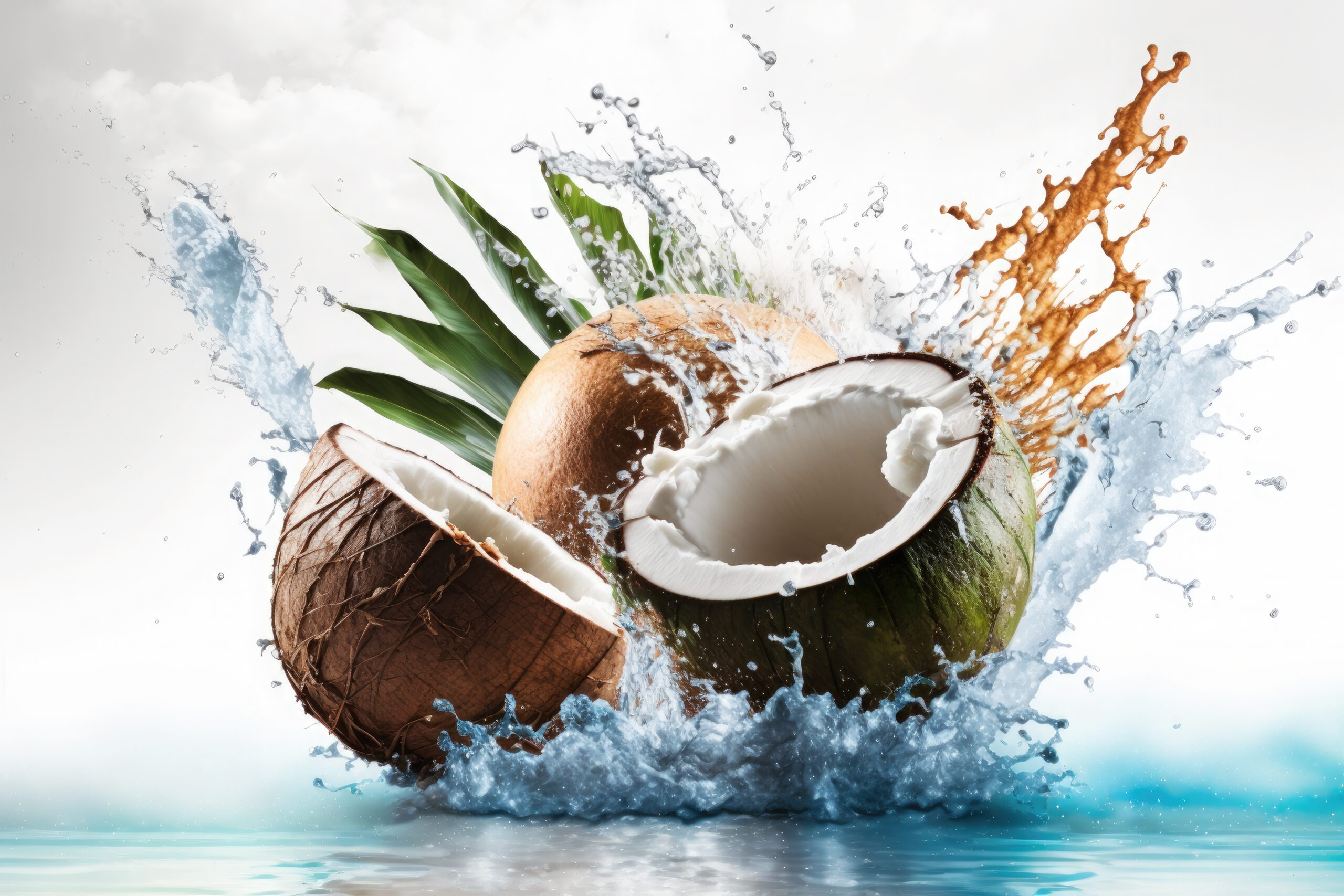 eine aufgeplatzte Kokosnuss springt im Wasser
