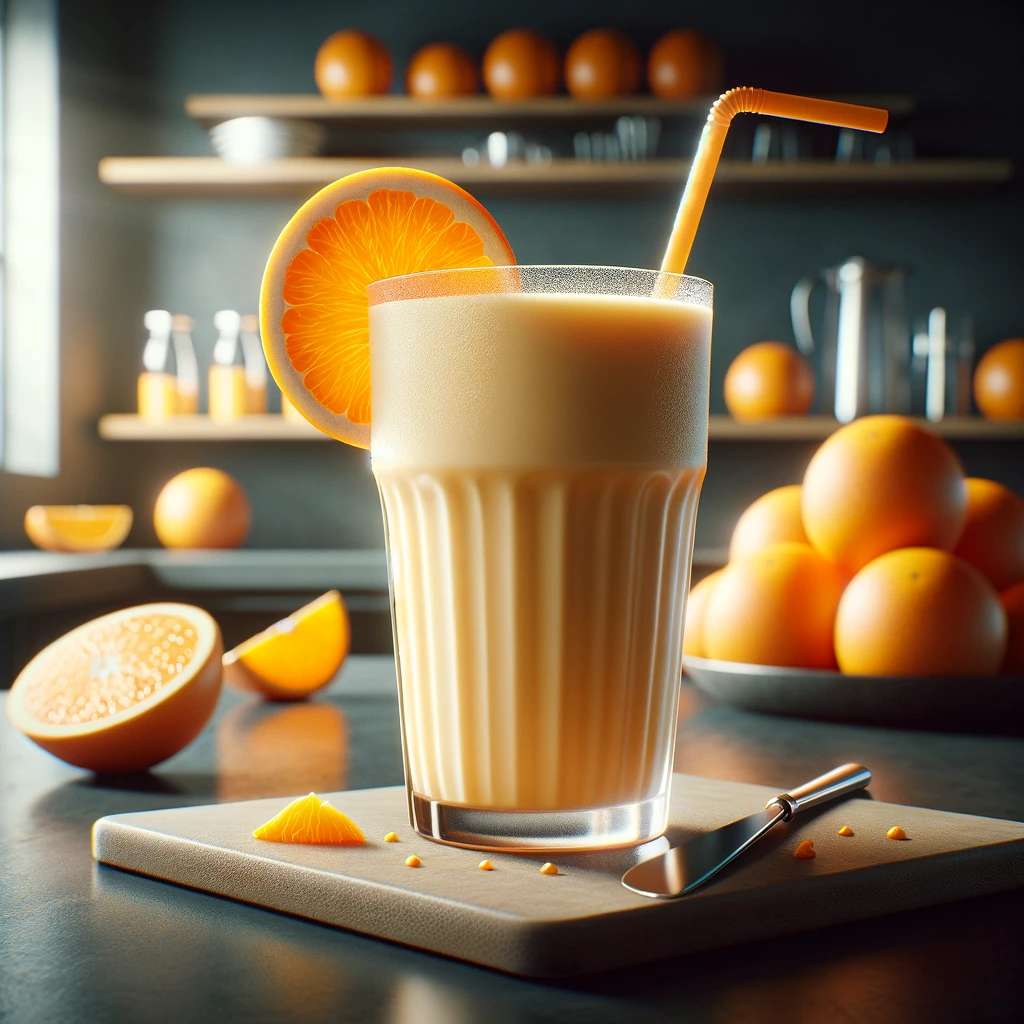 Ein Glas Orangenshake mit einem Strohhalm in einer Küche.