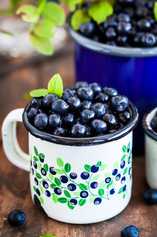 Frische reife Blaubeeren (Heidelbeeren) in Emaille-Tassen