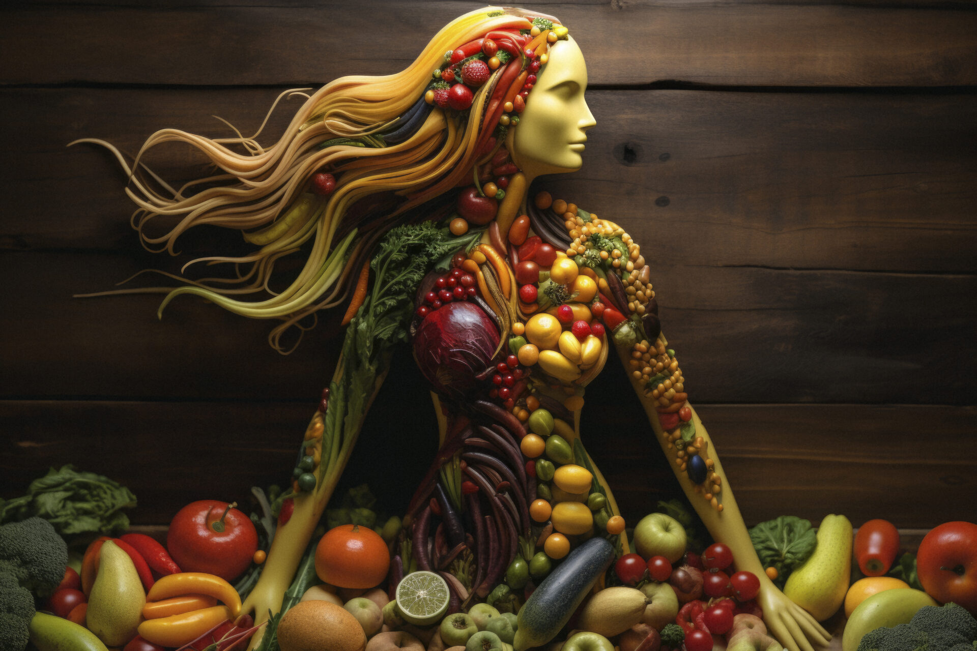 Eine Frau gebildet aus Obst und Gemüse