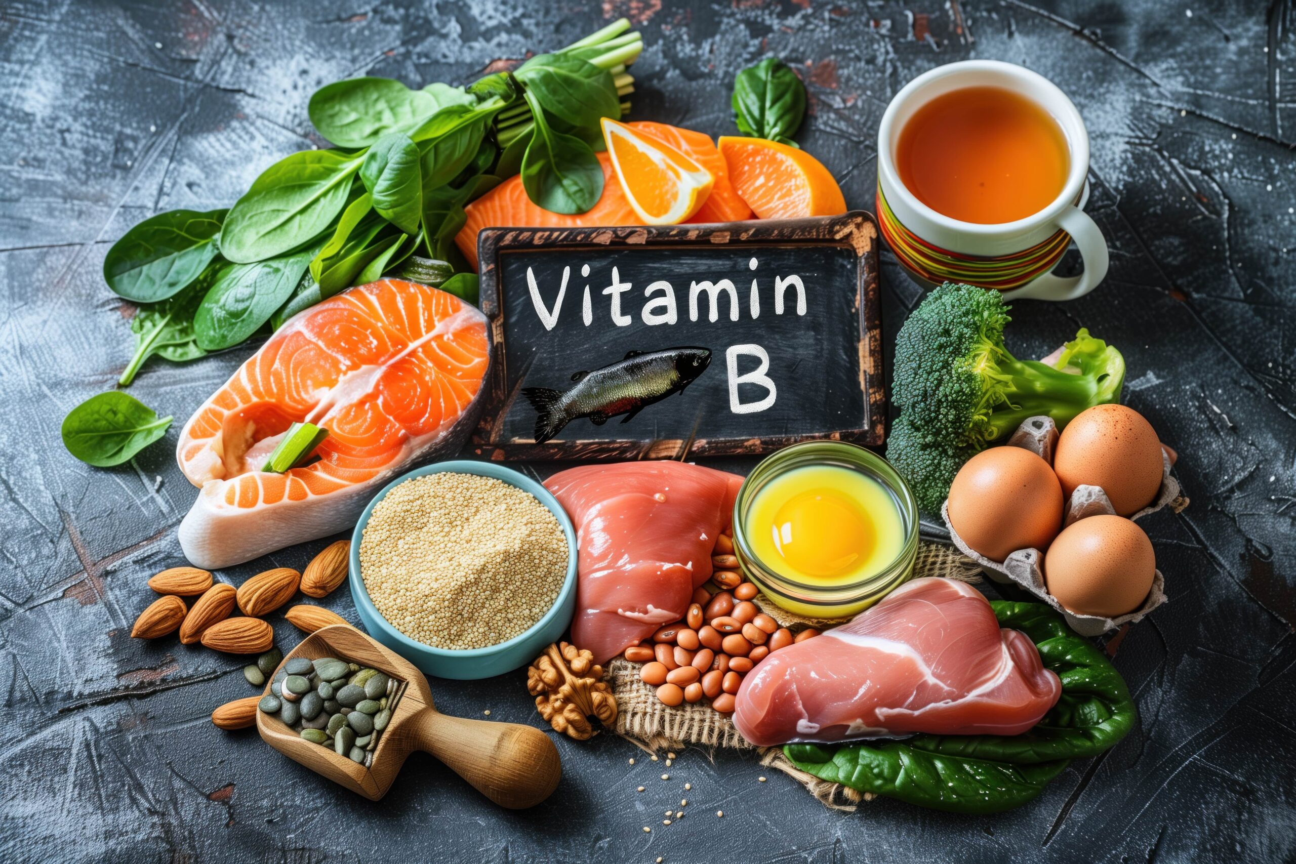 Eine Auswahl an Vitamin-B-reichen Lebensmitteln, darunter Spinat, Orangenscheiben, Lachs, Mandeln, Samen, Quinoa, Bohnen, Fleischstücke, Eier, Brokkoli und eine Tasse Tee, präsentiert um eine Tafel mit der Aufschrift „Vitamin B“.