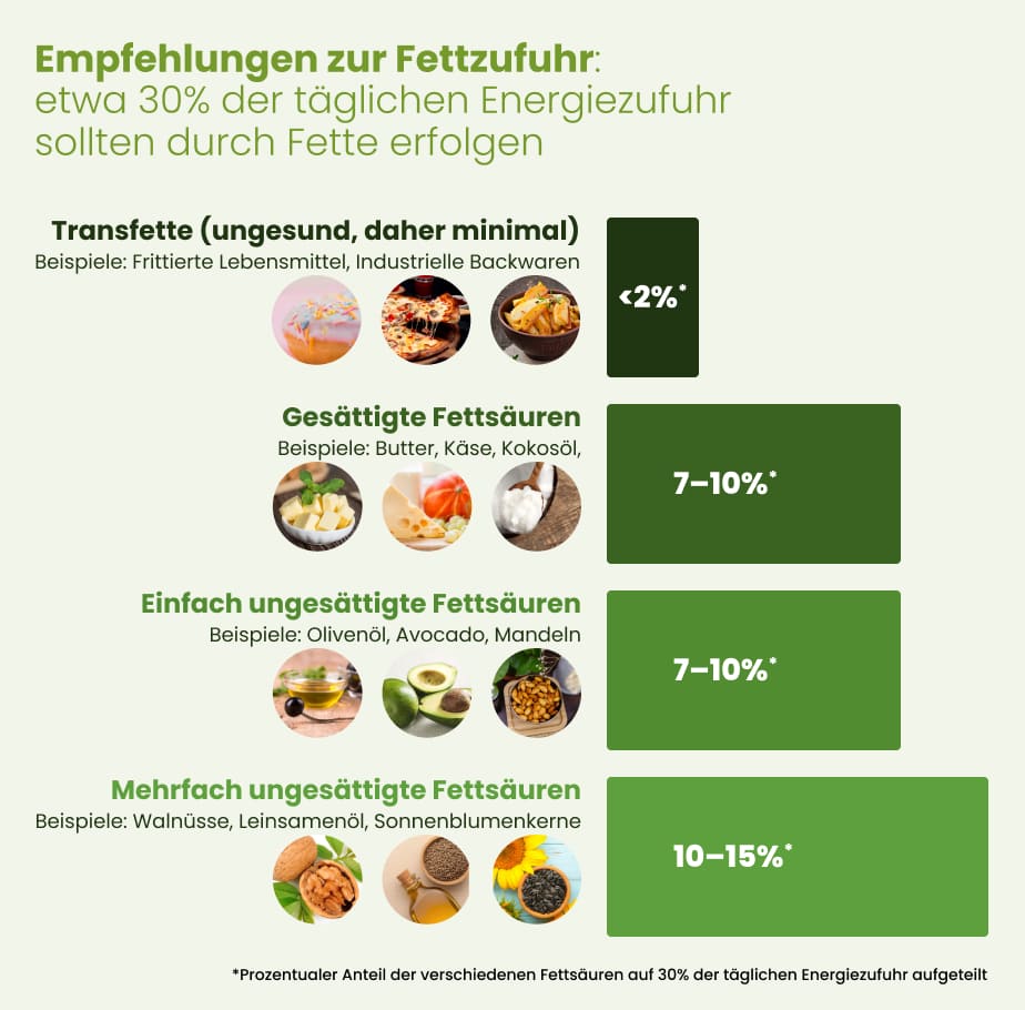 Infografik zu Empfehlungen zur Fettaufnahme: weniger als 2 % Transfette, 7–10 % gesättigte Fette (Butter, Kokosnuss), 7–10 % ungesättigte Fette (Olivenöl, Avocado), 10–15 % mehrfach ungesättigte Fette (Walnüsse).